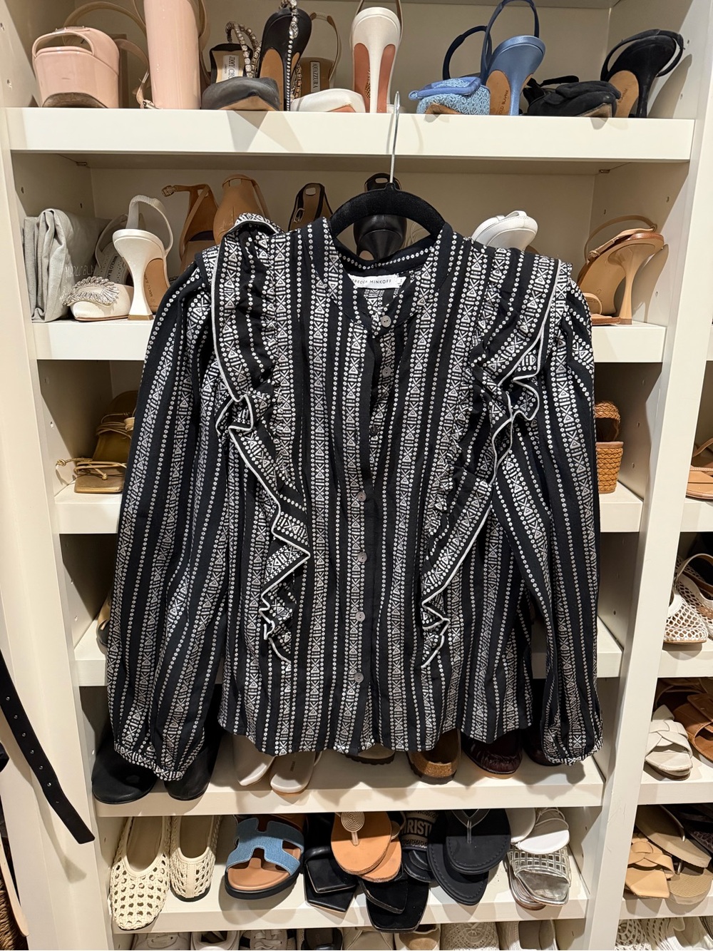 Rebecca Minkoff Black and White Ruffle-Trim Button Blouse